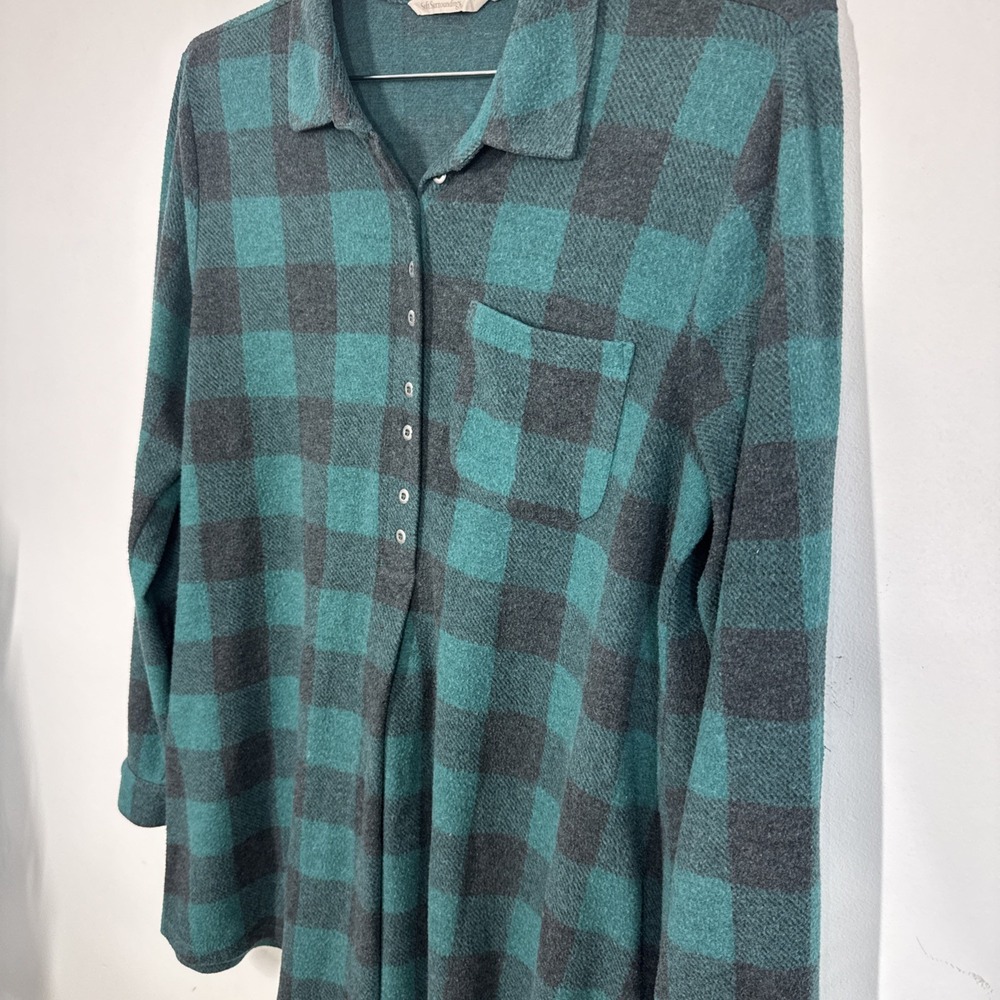 Soft Surroundings Teal Buffalo Check Henley Tunic Top Shirt M Roll Tab Sleeves - Picture 4 of 9
